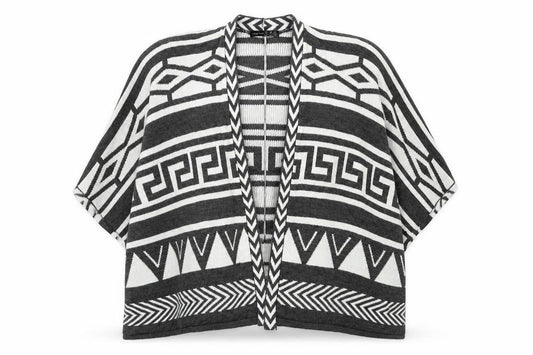 Front view of Atmosphere women’s grey geometric knit cardigan jumper, size UK 12