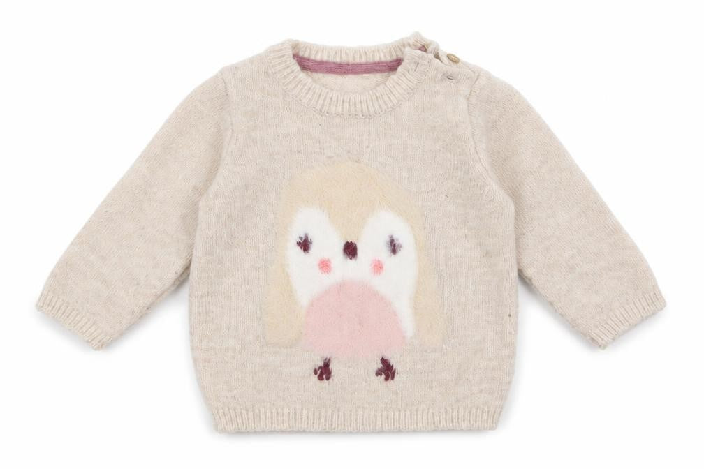 Front view of Asda George girls’ beige jumper, size 3-6, months