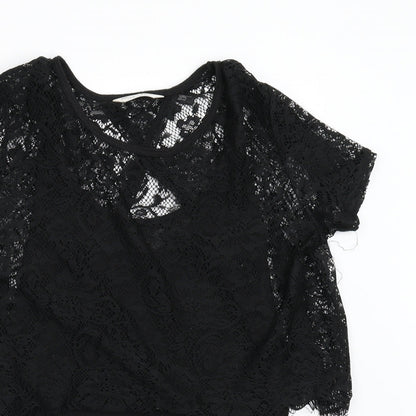 Close-up detail of Miss Selfridge women’s black basic t-shirt, size UK 8