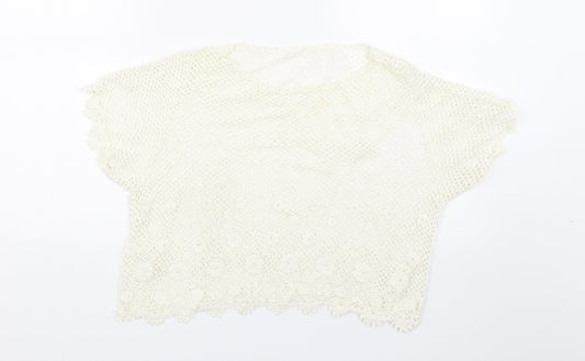 Preworn Womens White Floral Lace Cropped T-Shirt Size M