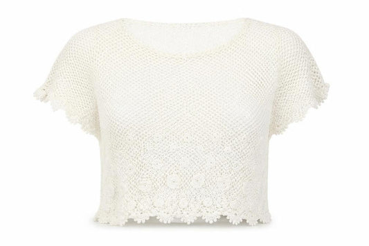 Preworn Womens White Floral Lace Cropped T-Shirt Size M