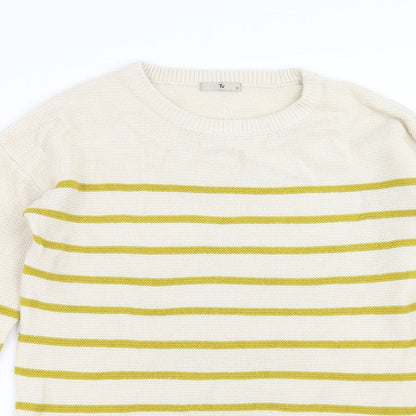 Close-up detail of TU women’s beige striped knit jumper, size UK 12