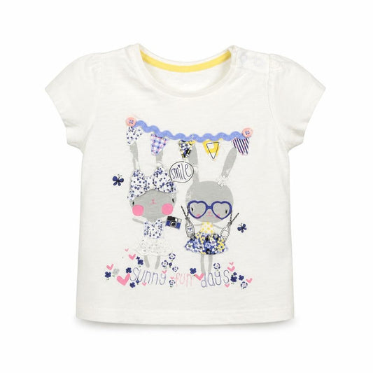 Front view of Mothercare girls’ white basic t-shirt, size 9-12, months - rabbit