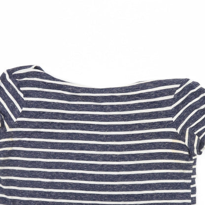 Close-up detail of Atmosphere women’s blue striped cropped t-shirt, size UK 6