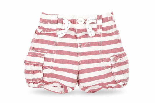 Front view of Nutmeg Baby Red Striped Denim Cropped Jeans, size 3-6, Months - tie up