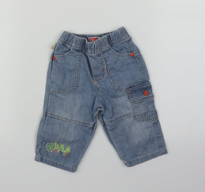 Additional front view of Boboli girls’ blue denim cargo jeans, size 6-9, months