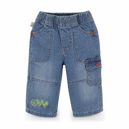 Front view of Boboli girls’ blue denim cargo jeans, size 6-9, months