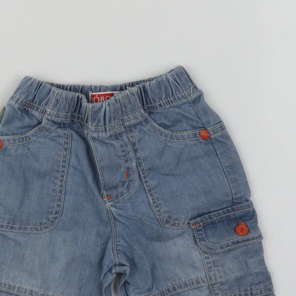 Close-up detail of Boboli girls’ blue denim cargo jeans, size 6-9, months