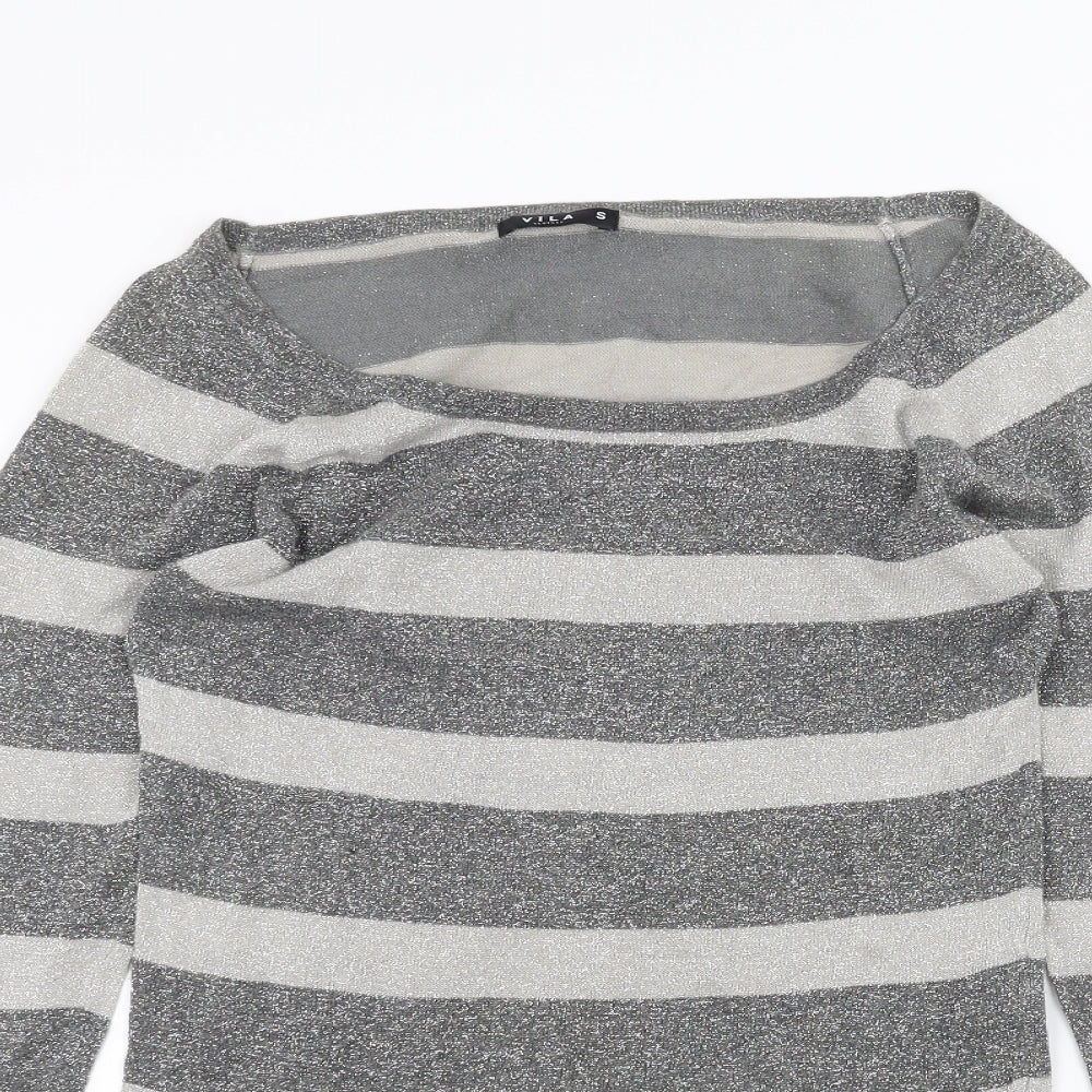 VILA Womens Grey Striped  Basic T-Shirt Size S