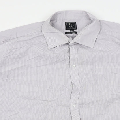 Close-up detail of Taylor & Wright men’s grey striped button-up, size 17, - 17 1/2