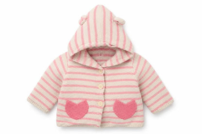 Front view of Gap girls’ ivory striped knit cardigan jumper, size 3-6, months