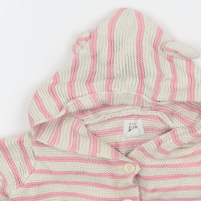 Close-up detail of Gap girls’ ivory striped knit cardigan jumper, size 3-6, months