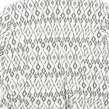Brand and care label for Soon women’s white argyle/diamond jacket, size UK 14