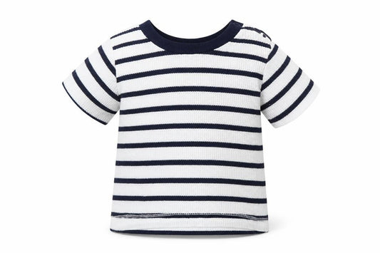 Front view of Primark Baby Blue Striped Basic T-Shirt, size 3-6, Months