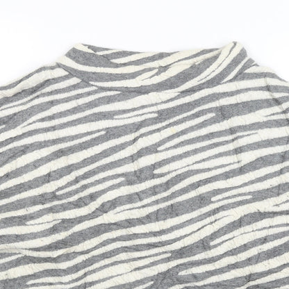 Close-up detail of French Connection women’s grey striped jumper, size XS