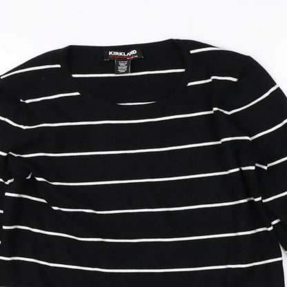Close-up detail of Kirkland women’s black striped jumper, size S