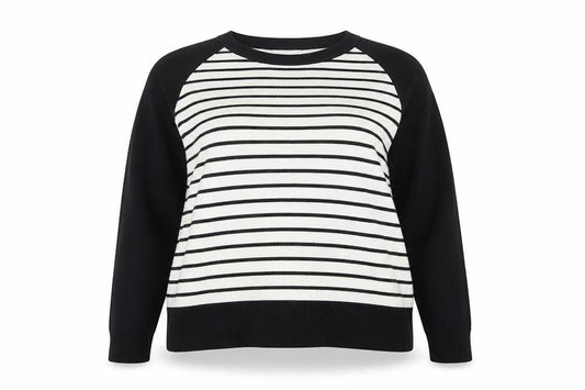 Front view of Miss Selfridge women’s black striped knit jumper, size UK 16