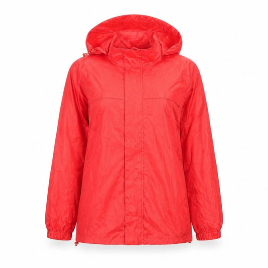 Front view of Denim & Co. women’s red rain coat jacket, size UK 8