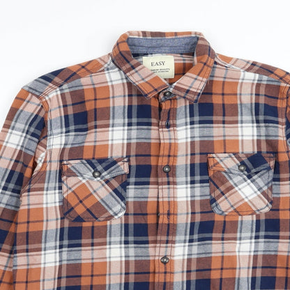 Close-up detail of Easy men’s multicoloured check button-up, size M