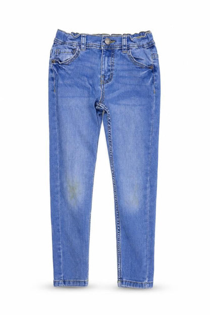 Front view of Denim & Co. girls’ blue straight jeans, size 7-8, years - washable marks