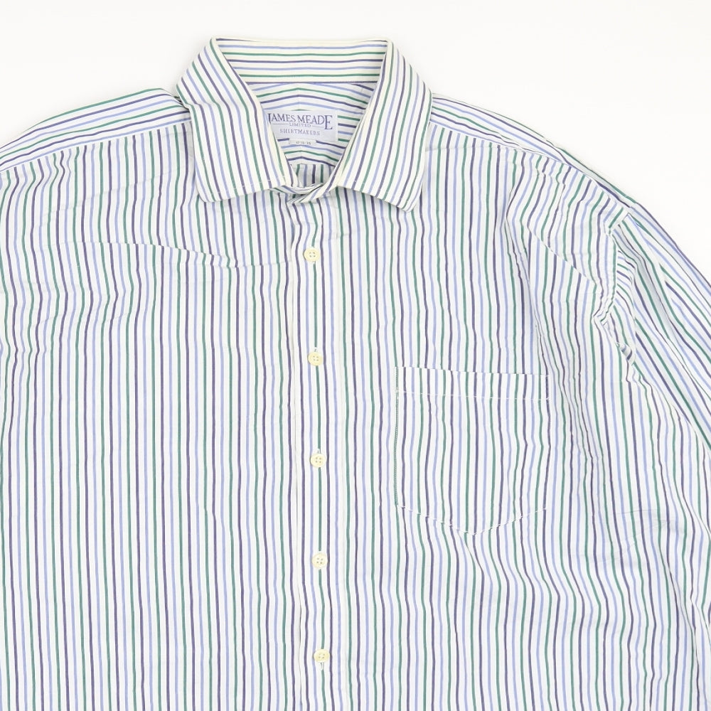 James Meade Mens White Striped   Button-Up Size 17.5