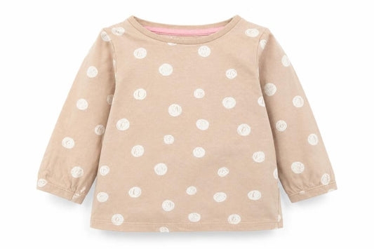 Front view of Nutmeg girls’ beige polka dot basic t-shirt, size 12-18, months