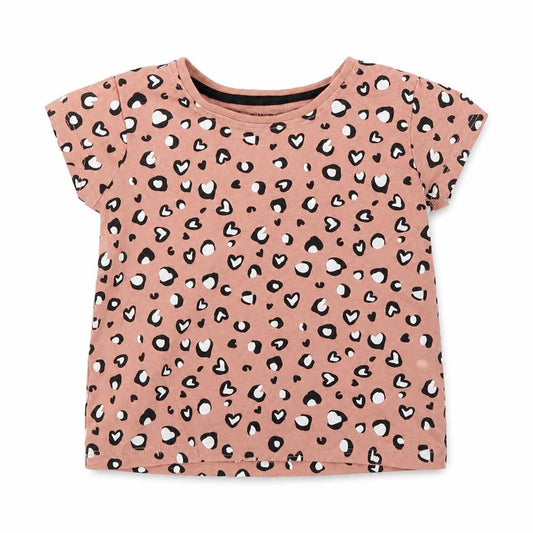 Front view of Primark girls’ brown animal print basic t-shirt, size 6-9, months - leopard print