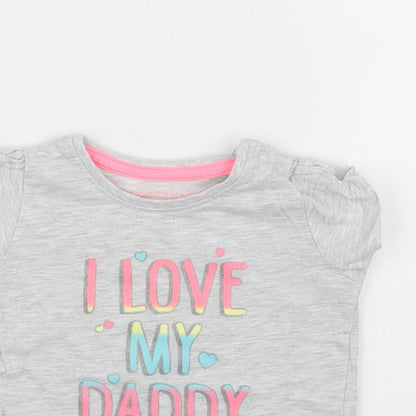 Close-up detail of Primark girls’ grey basic t-shirt, size 6-9, months