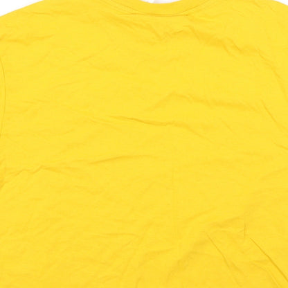 Brand and care label for Miss Selfridge women’s yellow basic t-shirt, size UK 8, - cropped