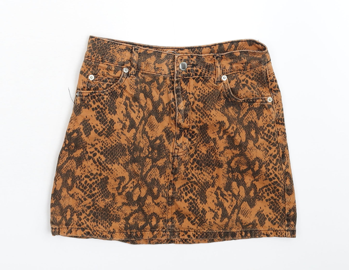 Topshop Womens Orange Animal Print Denim Mini Skirt Size 8