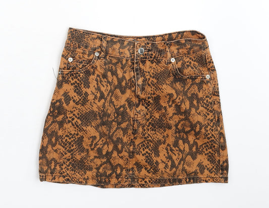 Topshop Womens Orange Animal Print Denim Mini Skirt Size 8