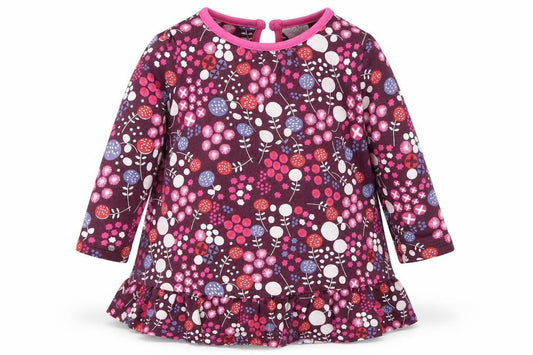 Front view of Mini Club girls’ purple geometric t-shirt dress, size 6-9, months