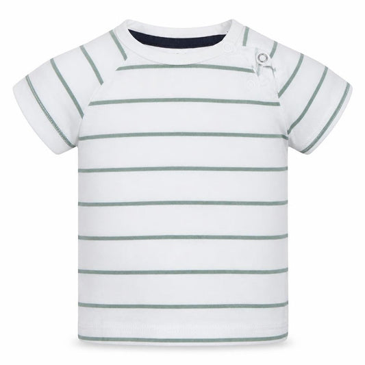 Front view of F&F boys’ white striped basic t-shirt, size 3-6, months - green stripes