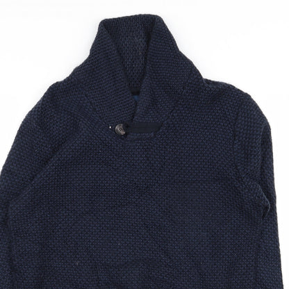 Close-up detail of Easy men’s blue jumper, size M