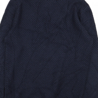 Brand and care label for Easy men’s blue jumper, size M