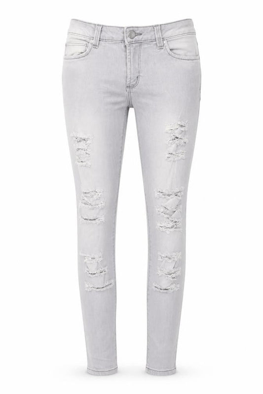 Front view of Denim & Co. women’s grey denim skinny jeans, size UK 8, 27-inch leg