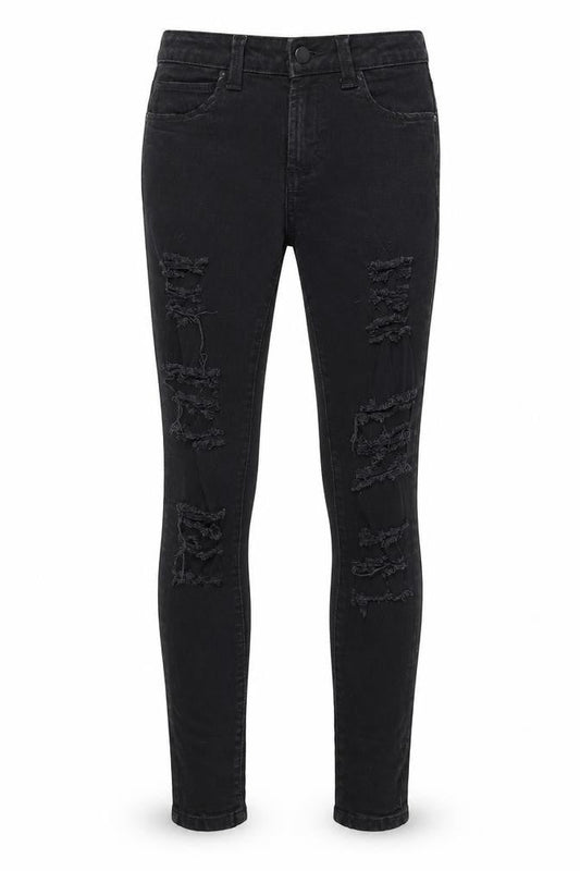 Front view of Denim & Co. women’s black denim skinny jeans, size UK 8, 28-inch leg