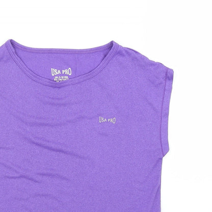 Close-up detail of USA Pro girls’ purple basic t-shirt, size 9-10, years