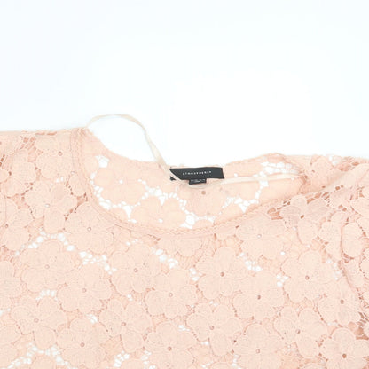 Close-up detail of Atmosphere women’s pink lace basic blouse, size UK 14