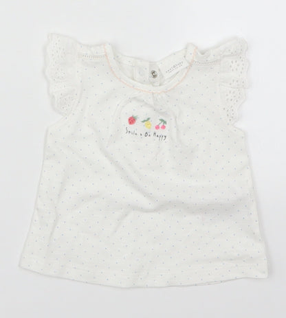 Additional front view of Next girls’ white polka dot basic t-shirt, size 0-3, months - smile & be happy
