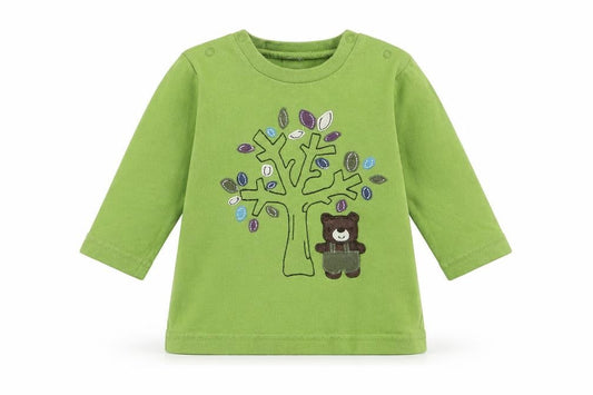 Front view of Tu girls’ green basic t-shirt, size 3-6, months - tree bear