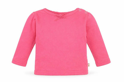 Front view of Frugi girls’ pink jersey basic t-shirt, size 3-6, months