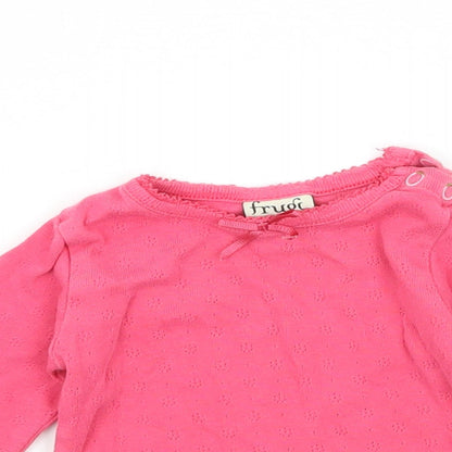 Close-up detail of Frugi girls’ pink jersey basic t-shirt, size 3-6, months