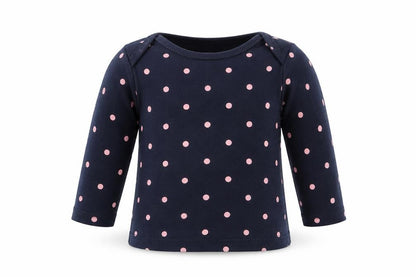 Front view of H&M girls’ blue polka dot basic t-shirt, size 6-9, months