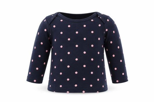 Front view of H&M girls’ blue polka dot basic t-shirt, size 6-9, months