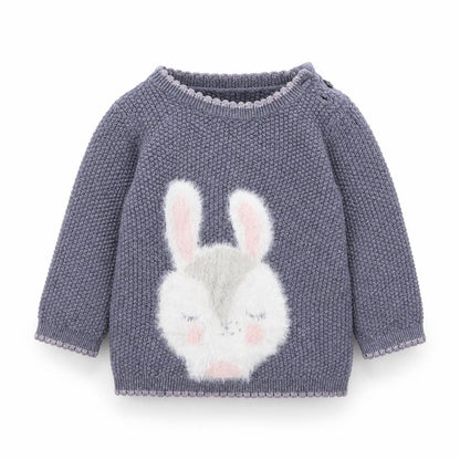 Front view of Asda George girls’ blue animal print jumper, size 3-6, months