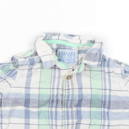 Close-up detail of Tu boys’ blue check basic button-up, size 12-18, months