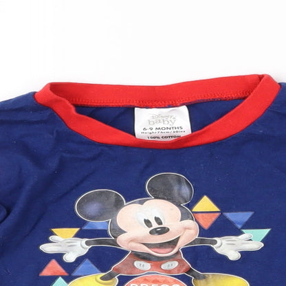 Close-up detail of Disney Baby boys’ blue pullover t-shirt, size 6-9, months - mickey mouse