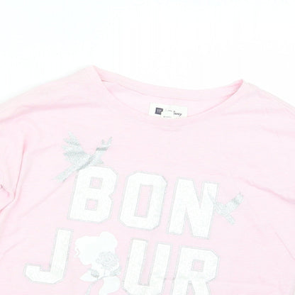 Close-up detail of Gap girls’ pink basic t-shirt, size 8, years - beauty and the beast