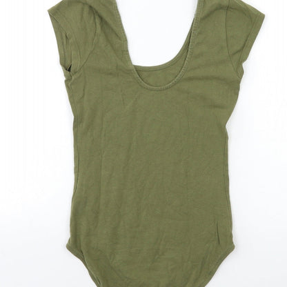 Brand and care label for Miss Selfridge women’s green basic t-shirt, size UK 8